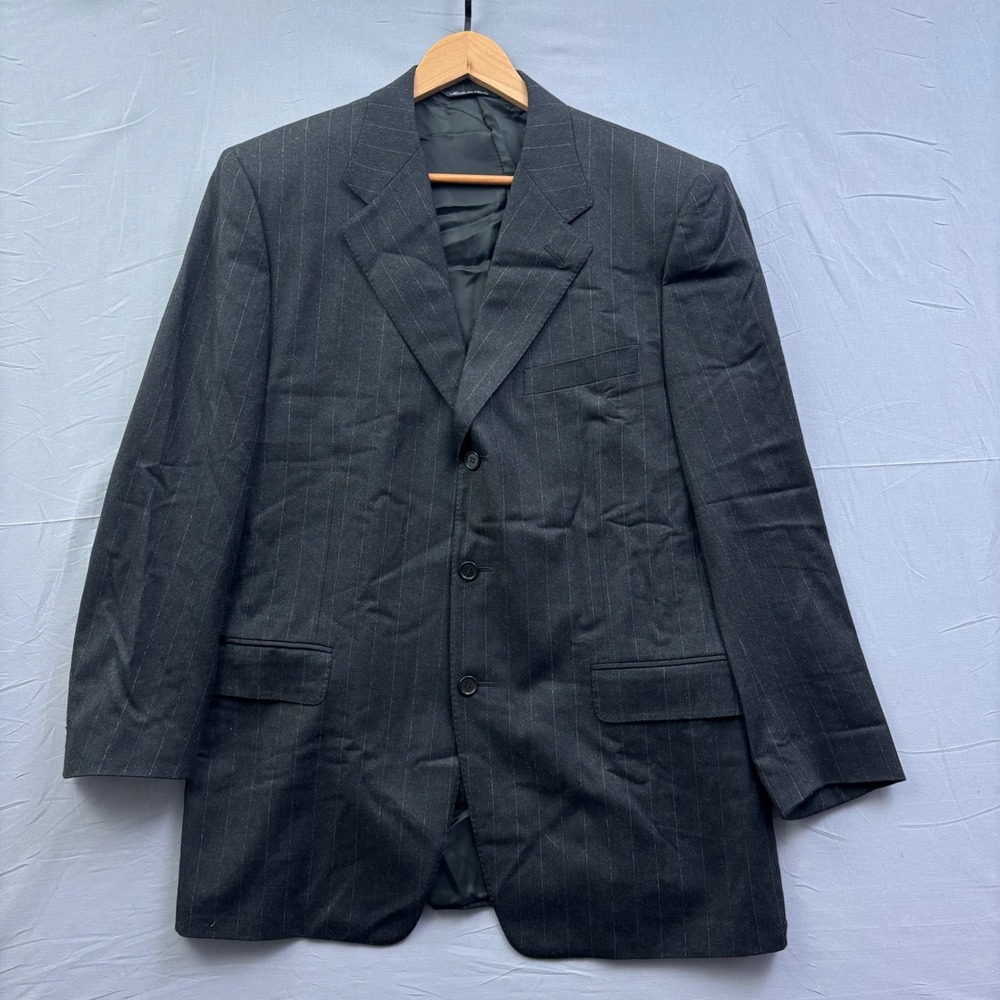Made in Italy Mens Pinstripe Blazer Charcoal Grey Wool 3 Button Suit Jacket 44R